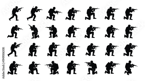 A comprehensive analysis of silhouette graphics featuring diverse combat poses of soldiers in various stances and angles