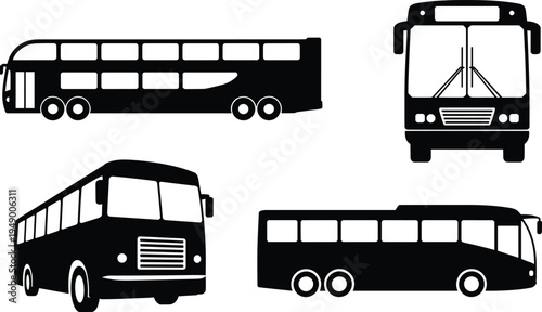 Passenger bus vector silhouette set, public transport city coach vehicle collection, urban transit transportation illustration design