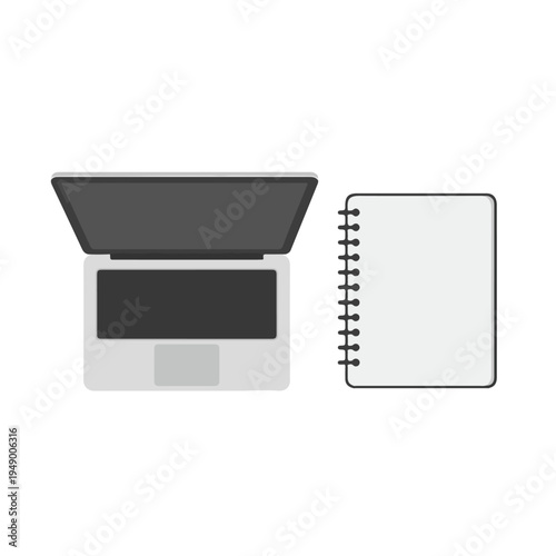 A clean, top-down vector illustration featuring an open gray laptop with a dark screen and a white spiral notebook, both isolated on a white background.