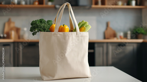 Eco Bag with Fresh Vegetables on Kitchen Table – Healthy Sustainable Food Concept