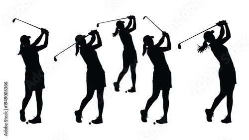 A series of golf swings: five silhouette poses of a golfer in motion, capturing dynamic movement and swing techniques