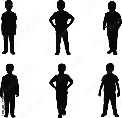 Boy children silhouettes set, young kids standing poses collection, child figure shapes, boys outline vector illustration isolated