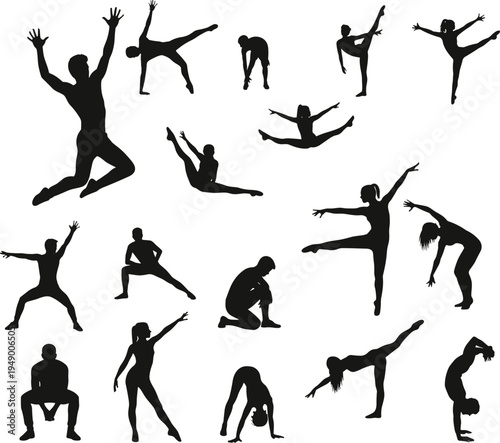 Various dynamic human poses vector silhouettes, including jumping, stretching, and gymnastic postures, for health, sport, and fitness design