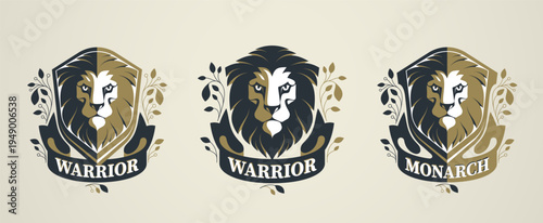 Royal lion emblem set symbolizing monarchy, power and authority, vector designed in classic heraldic style for premium brands, luxury logos, empires and elite identity projects.