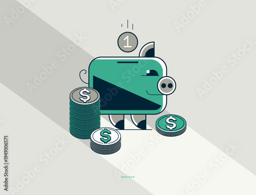 Savings concept poster, vector icon style illustration of a piggy bank with coins, home moneybox savings, economize and save metaphor, piggybank.