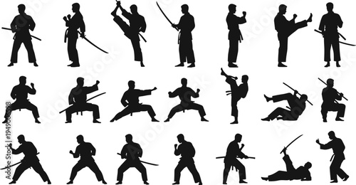Vector illustration of various martial arts poses with sword and katana in black silhouette