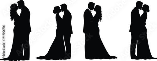Wedding couple silhouette collection, romantic bride and groom, love, happy moment, wedding day, vector illustration, kissing, hugging, isolated, black.