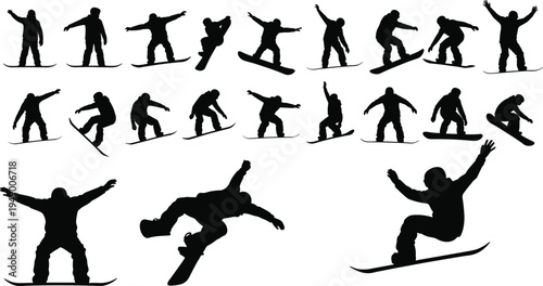 Vector silhouette collection of snowboarders in various dynamic poses, jumping, riding, and performing stunts, winter sport and recreation