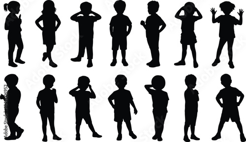 Children silhouettes collection, kids standing poses set, boys and girls outline, child figure shapes, playful young people vector
