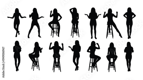 Collection of silhouette illustrations of women in various poses on stools and standing, showcasing different body language and postures