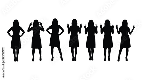 A series of seven silhouette illustrations of women in various poses and gestures, showcasing different body language and expression, isolated on white background
