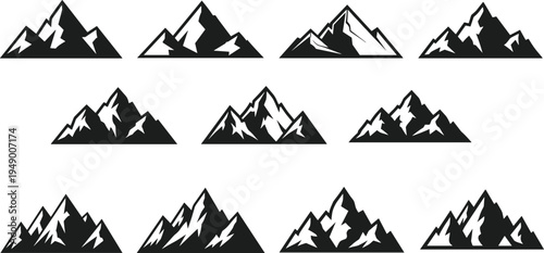 Mountain silhouettes collection with snow peaks alpine landscape nature adventure hiking icons flat vector illustration set
