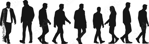 Silhouettes of people walking in urban style, men and women in motion, city pedestrian figures, vector illustration for design