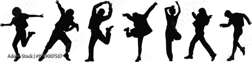 dancing people silhouettes collection, energetic dancers jumping moving poses, party celebration figures isolated black vector illustration set