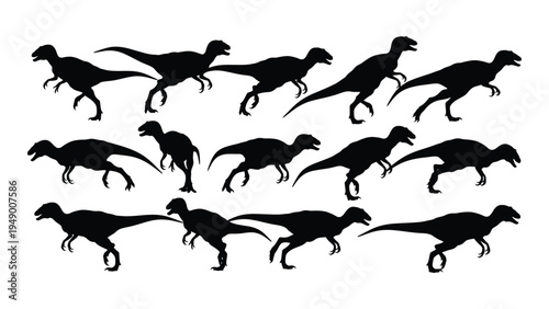 Sequence of velociraptor silhouettes in motion, depicting dynamic movement and hunting behavior of the small to medium sized carnivorous dinosaurs