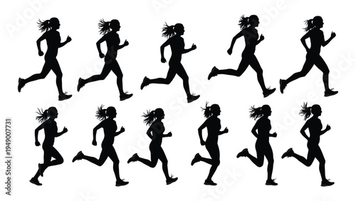 A series of silhouette illustrations of women running in different poses, capturing motion and movement in a dynamic and energetic way, fitness and exercise concept