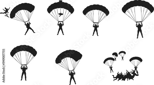 Silhouettes of Skydivers and Parachute Jumpers in Action, Vector Illustrations of Extreme Sport Athletes on a White Background