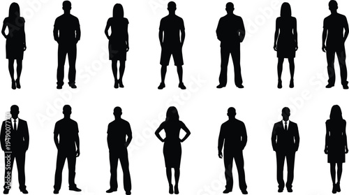 Silhouettes of standing men and women in casual and formal wear, diverse figures for design, vector illustration collection