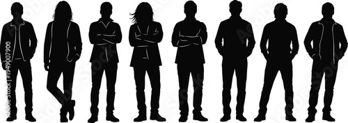 Silhouettes of standing people in casual and smart outfits, diverse group figures, vector illustration for design and branding