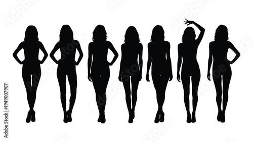 Seven silhouette women posing in various fashionable stances with different hairstyles and outfits