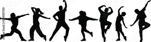 Dancing people silhouettes, energetic dancers posing and jumping, party celebration movement, music festival vibe, dynamic human dance motion illustration