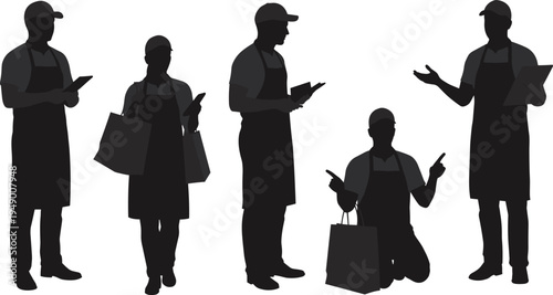 Silhouettes of various service industry workers in aprons and hats, including a man and woman holding shopping bags and clipboards, perfect for retail.