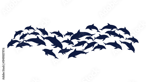 A large school of dolphins swimming together in a synchronized movement, showcasing their social behavior and aquatic agility in a mesmerizing display of marine life.