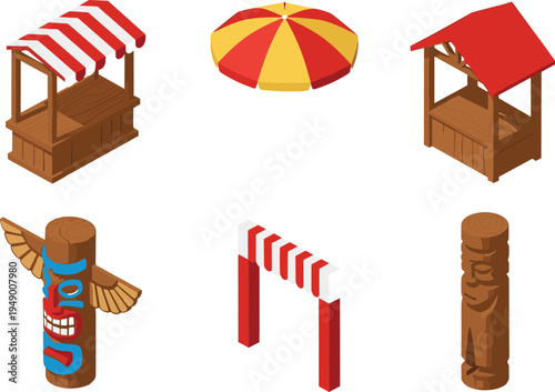 Beach market stalls umbrella tiki totem poles and striped canopy kiosk set summer festival vendor flat vector illustration collection
