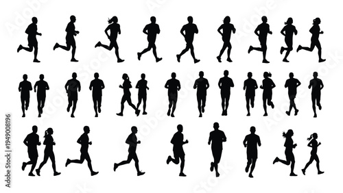 Collection of diverse human silhouettes engaged in running activities on a plain white background for graphic design and illustration purposes