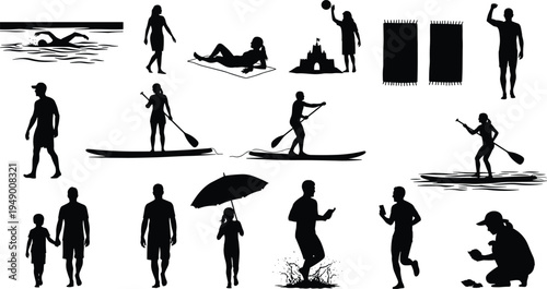 Summer beach vacation silhouettes, outdoor sports and activities, people swimming, surfing, and relaxing by the sea, black vector icons