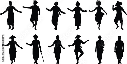 Southeast Asian traditional dancers and people in cultural costumes, vector silhouette illustration set on a white background