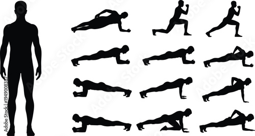 Fitness exercise silhouettes set with push up plank lunge workout poses human body training flat vector illustration collection