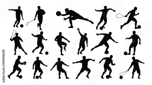 Collection of dynamic soccer player silhouettes in various actions and poses