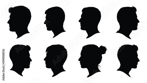 Collection of diverse human silhouettes in profile view representing various hair styles and ages