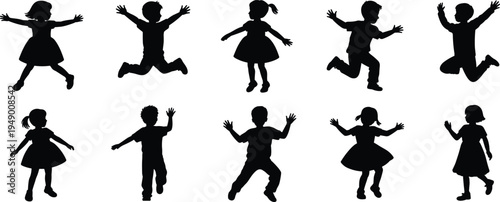 kids jumping silhouettes set, happy children playing dancing poses, joyful boy and girl figures isolated black vector illustration