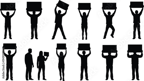 Protest people silhouettes holding blank banners demonstration activists crowd raising signs social protest concept flat vector illustration set