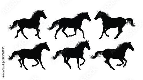 Sequence of six black horse silhouettes in motion, galloping and running in unison