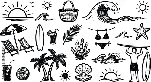 Summer holidays, beach vacation, travel, tropical relax doodle set, hand drawn sketch style, isolated vector illustration