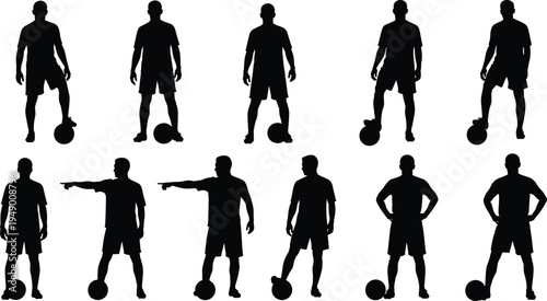 Soccer player silhouettes collection with football athletes standing poses and ball sport action figures flat vector illustration set