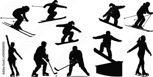 Winter Sports Silhouette Collection: Skiing, Snowboarding, Ice Skating, and Hockey Players Vector Graphics for Adobe Stock