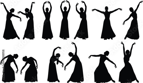 Female dancer silhouettes collection with elegant ballet and contemporary dance poses performing women figures flat vector illustration set