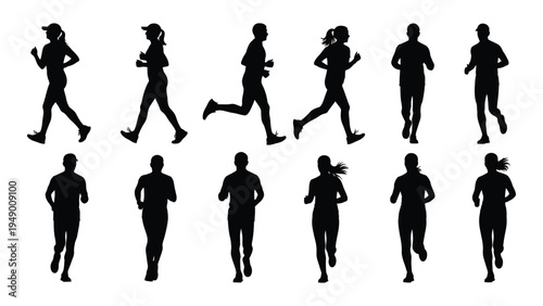 Collection of diverse black silhouettes of people running in different poses and styles on white background for fitness and sports illustrations