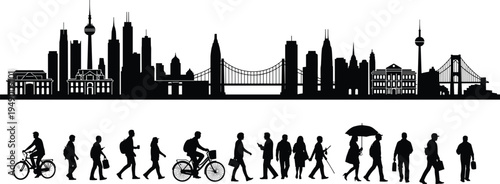 Urban city life vector illustration set, diverse people walking on a street, city skyline with buildings and bridges, people commuting and traveling