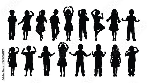 Collection of diverse people silhouettes engaged in various dance poses and movements with different body language and gestures