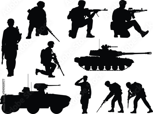 military soldier silhouettes set, army troops with rifles tank armored vehicle combat action poses isolated black vector collection