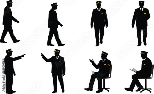 Variety of silhouette poses of a male police officer or security guard, from walking to sitting, perfect for professional and safety themes
