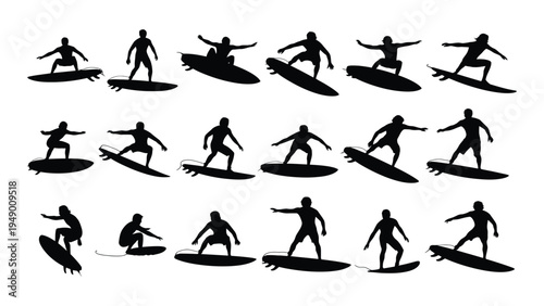 Collection of various surfing silhouettes displaying different riding techniques and styles on a white background