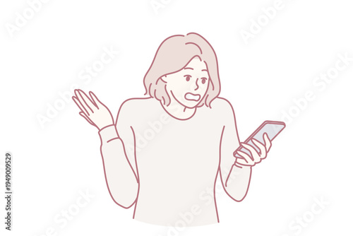 Puzzled woman holding phone and reading unpleasant messages from bank makes wave of hand. Bewildered girl reading fake news in smartphone and nervous about false information. Flat vector illustration