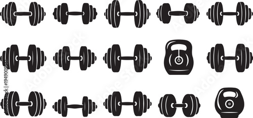 Fitness equipment icons including dumbbells and kettlebells in black