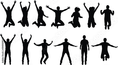 Jumping people silhouettes collection with happy men and women celebrating energetic poses isolated human action flat vector illustration set